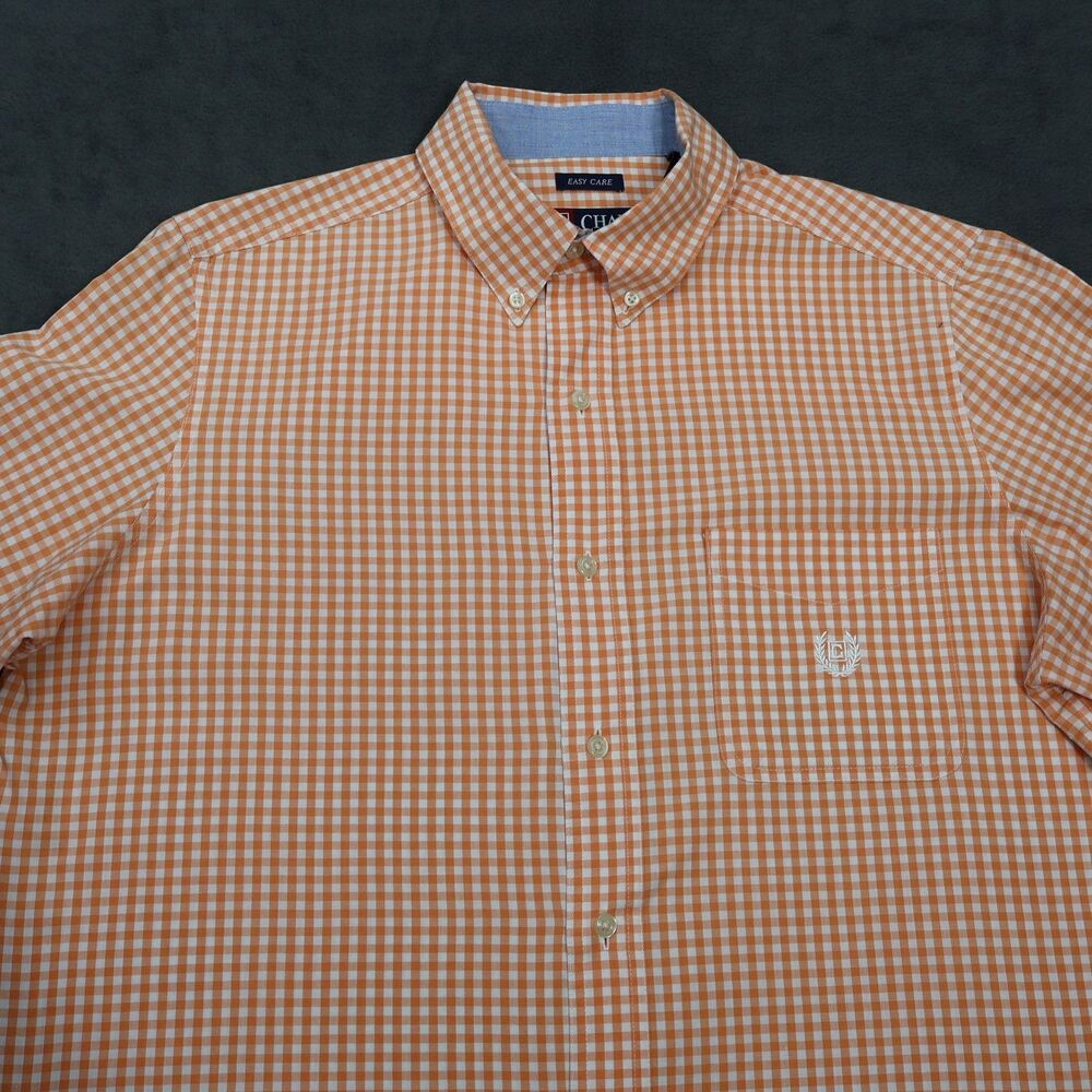 Chaps Mens Long Sleeve Button Down Shirt M Medium Orange Gingham Check Easy Care - Picture 2 of 13